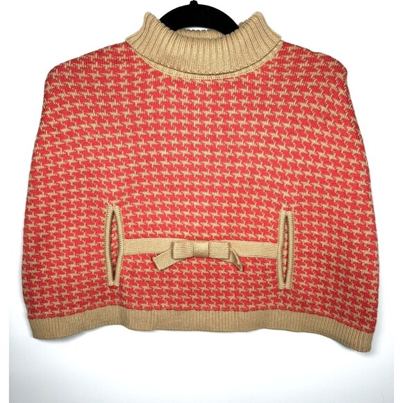 Janie and Jack Girls 4 Knit Cape Pink Coral Houndstooth Bow Preppy Classic - Picture 3 of 14